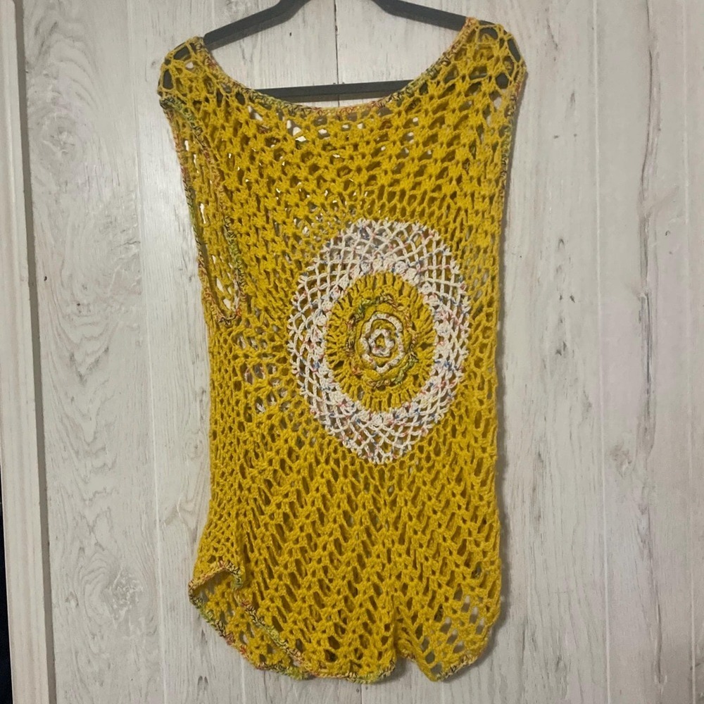 VTG 70s Look Handmade Yellow  Crochet Tank Top Festival Hippy Boho Shirt S/M